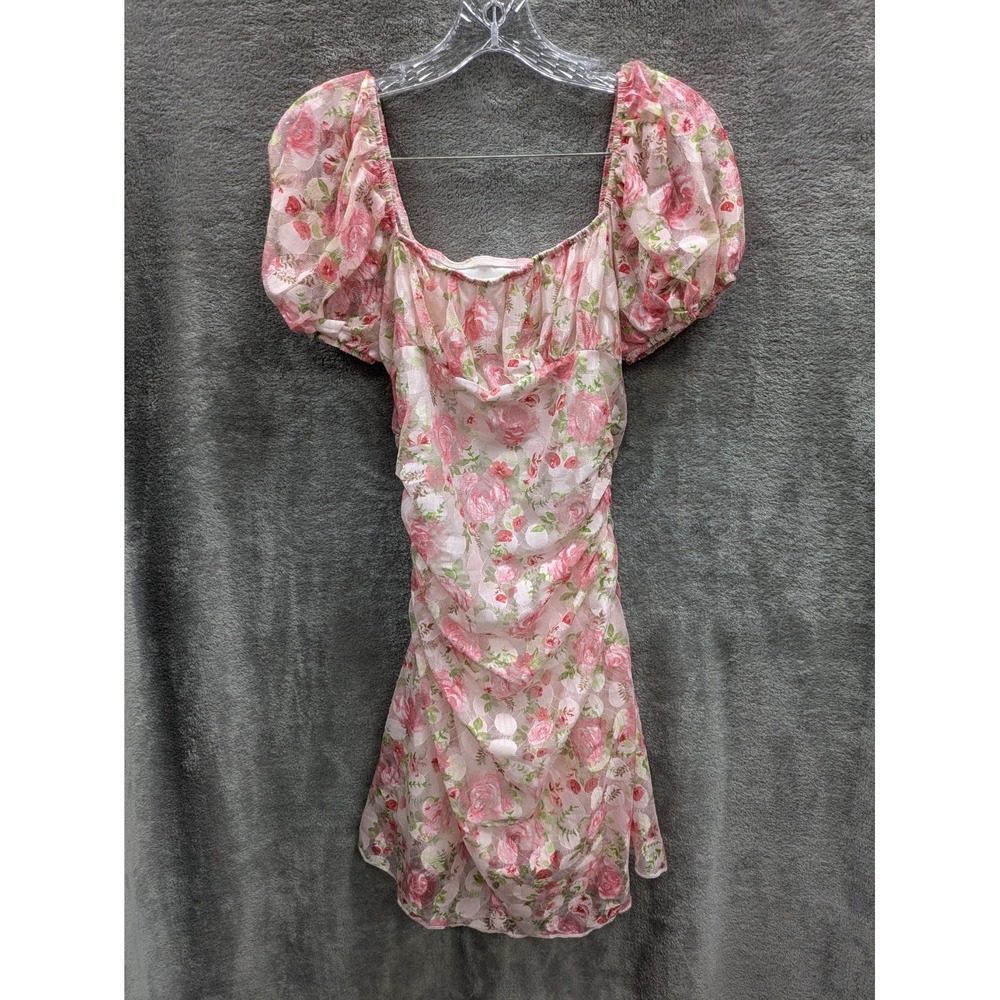 Fairycore Mini Dress‎ Teen 16Y Pink Rose Floral Mesh Milkmaid Coquette Romantic